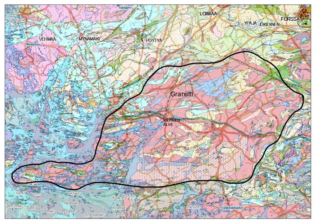 Louna-Jukola competition terrain (“kilpailualue”) is located approximately in the middle of the extensive granite area, outlined in black.